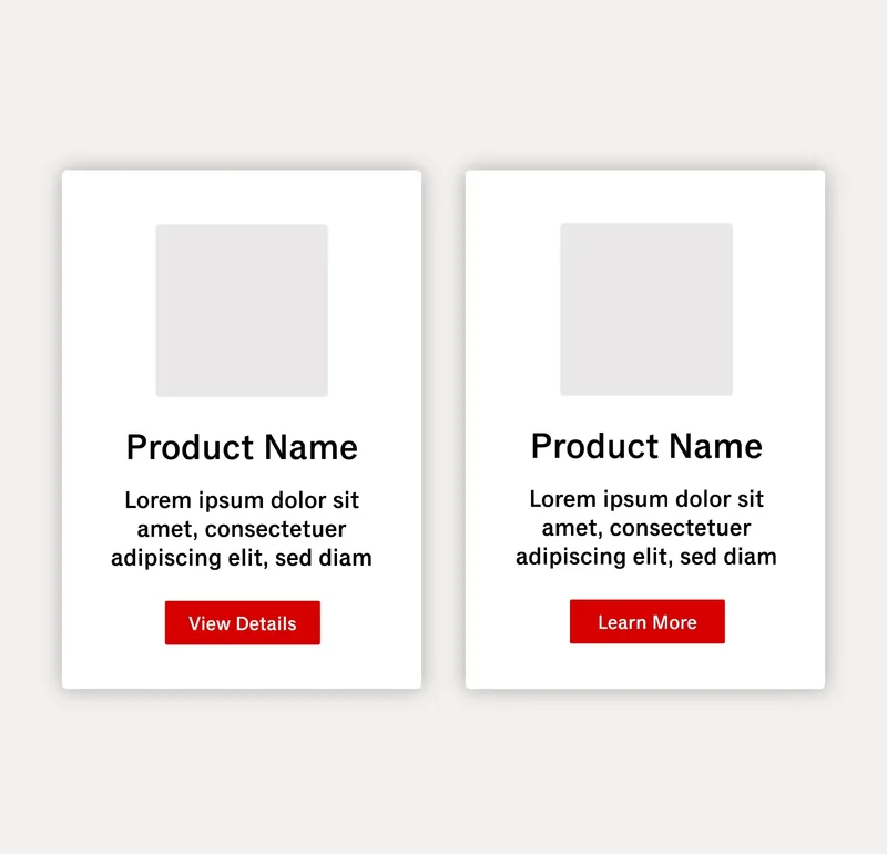 Side-by-side comparison of two product cards with inconsistent button labels. Both cards feature a placeholder image, the heading “Product Name,” and a short product description. The left card has a red button labeled “View Details,” while the right card uses the label “Learn More.” This illustrates a UI inconsistency that can confuse users and highlights the importance of using consistent language for similar actions.