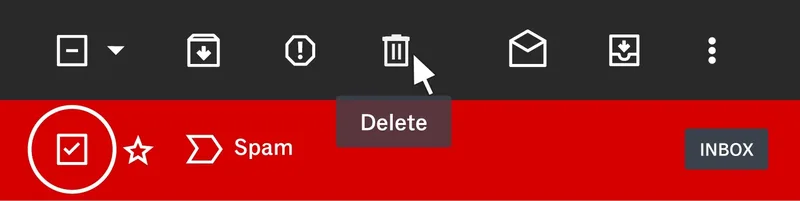 Screenshot of an email interface showing a selected email and a cursor arrow hovering over a 'Delete' icon. A tooltip labeled 'Delete' appears below a trash can icon, indicating the delete action.