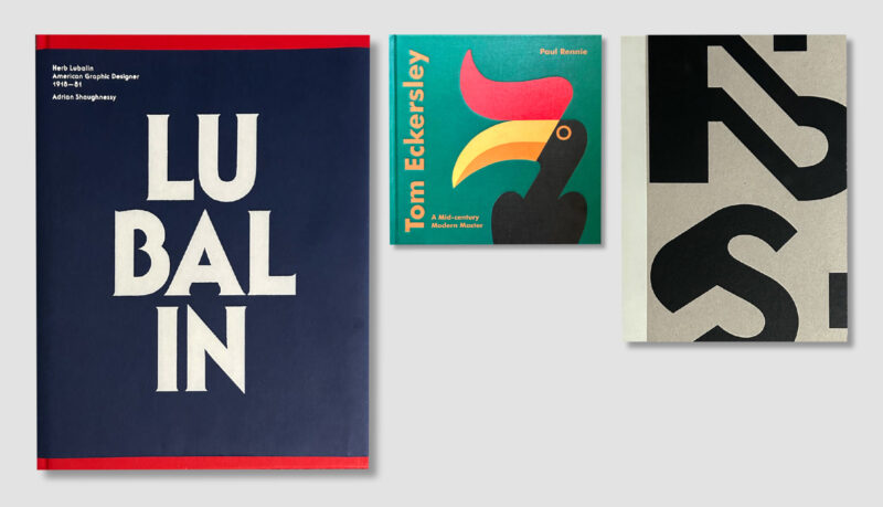 Overhead view of three design books with navy, teal and cream covers.