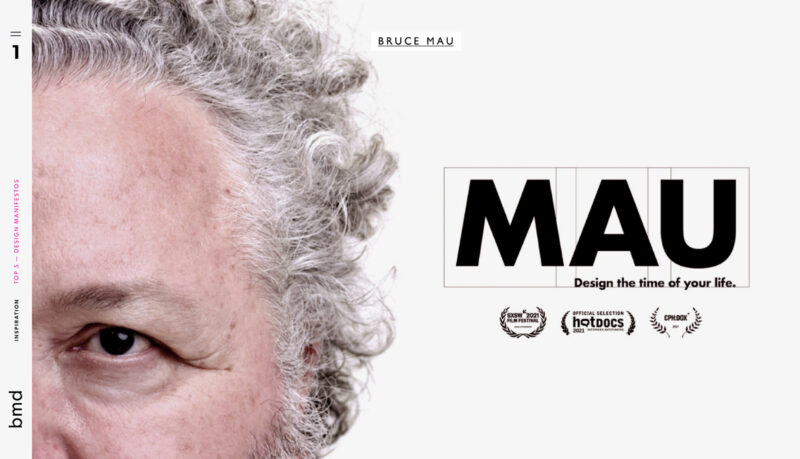 Close-up of designer Bruce Mau's eye and gray curly hair beside the "MAU" logo and the tagline "Design the time of your life."
