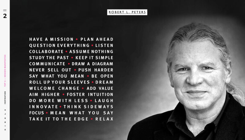 Portrait of designer Robert L. Peters beside a list of his manifesto lines, such as "Have a mission" and "Question everything."