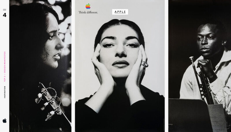 Three black-and-white portraits from Apple's "Think different" campaign, including a woman with her hands framing her face.