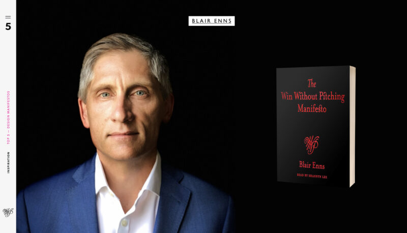 Portrait of Blair Enns in a blue blazer beside a copy of his book The Win Without Pitching Manifesto.
