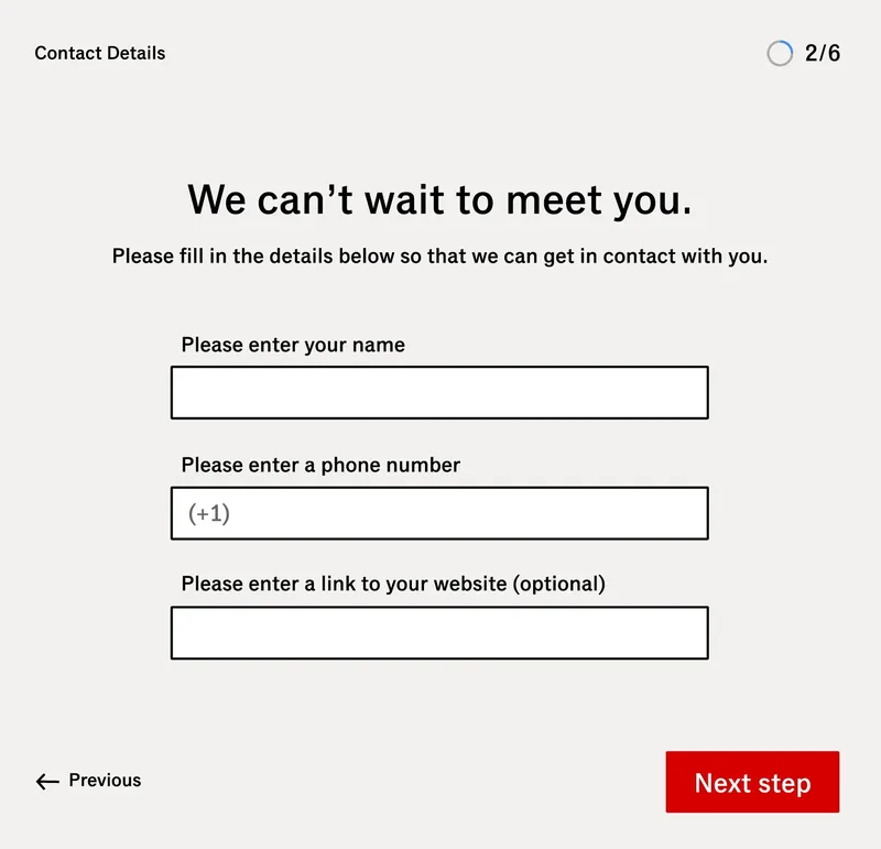 Multi-step form page titled 'We can't wait to meet you' asking for name, phone number, and optional website link. A 'Previous' button is shown at the bottom left, allowing users to go back to the prior step, supporting easy navigation and error recovery.