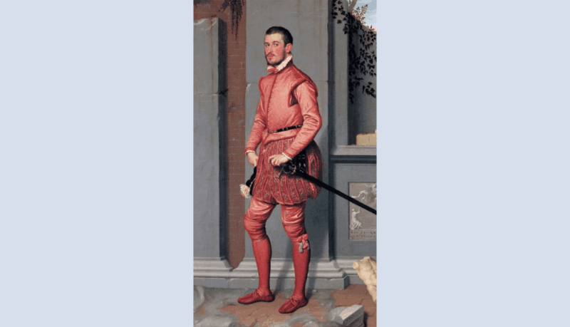 Old century painting of a pan wearing pink clothes