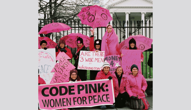 Group of women from CODEPINK wearing pink, advocating for Peace in front of the U.S White House