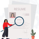 Illustration of person analyzing resume with magnifying glass.