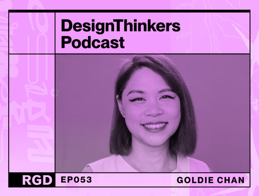 DesignThinkers Podcast episode 53 cover graphic with a smiling portrait of guest Goldie Chan in purple tones.