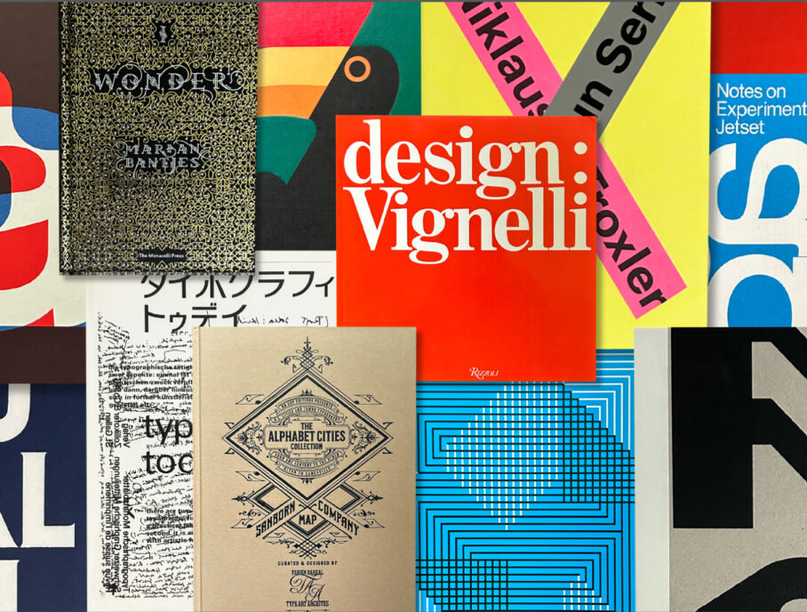 Overhead view of design and typography books with colorful red, yellow, green and blue covers.