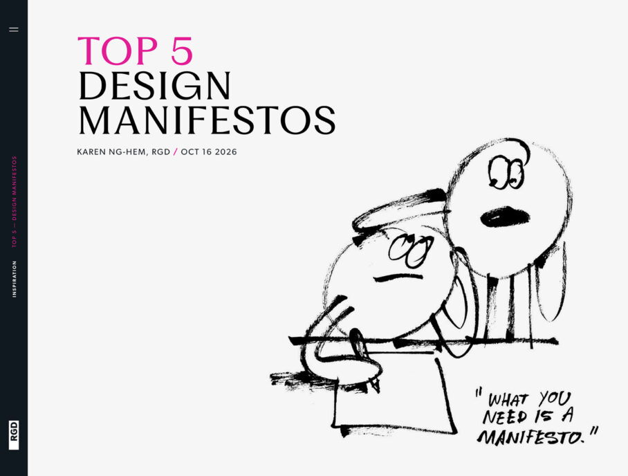 Title graphic reading "Top 5 Design Manifestos" with a loose ink sketch of a cartoon figure at a drawing board and the handwritten quote "What you need is a manifesto."
