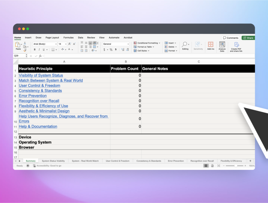 An excel document of someone's heuristic analysis.