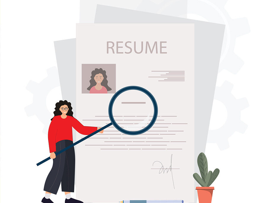 Illustration of person analyzing resume with magnifying glass.