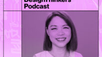 DesignThinkers Podcast episode 53 cover graphic with a smiling portrait of guest Goldie Chan in purple tones.