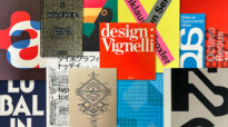 Overhead view of design and typography books with colorful red, yellow, green and blue covers.