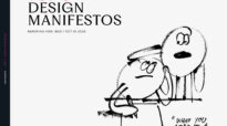 Title graphic reading "Top 5 Design Manifestos" with a loose ink sketch of a cartoon figure at a drawing board and the handwritten quote "What you need is a manifesto."