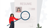 Illustration of person analyzing resume with magnifying glass.