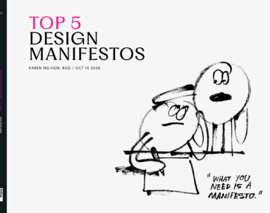 Title graphic reading "Top 5 Design Manifestos" with a loose ink sketch of a cartoon figure at a drawing board and the handwritten quote "What you need is a manifesto."