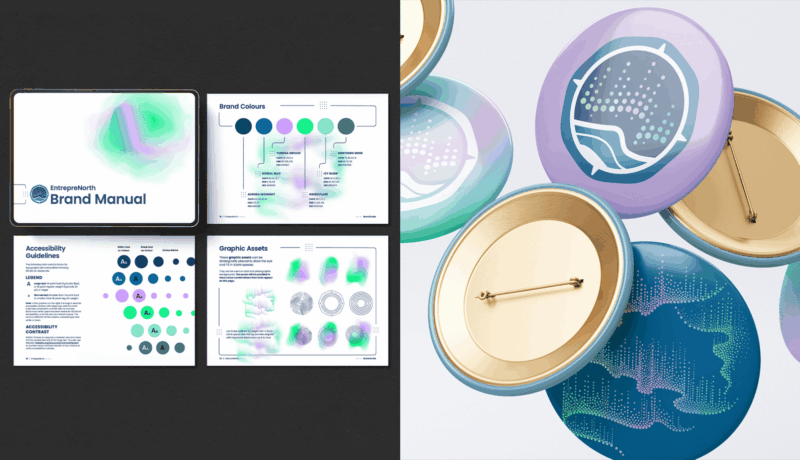 On the left, a preview of EntrepreNorth's brand guidelines. On the right, EntrepreNorth branded pins