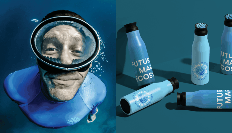 On the left, man scuba diving. On the right, branded Future of Marine Ecosystems water bottles.