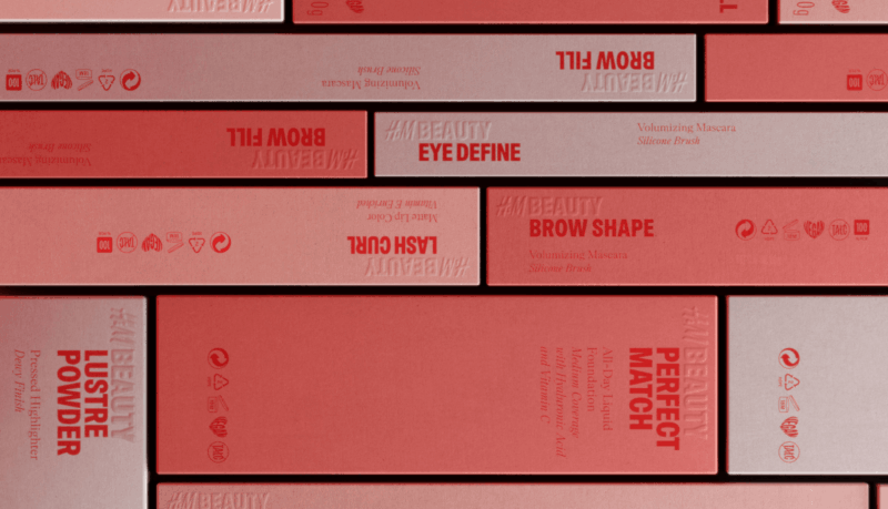 Multiple products in the H&M Beauty Packaging System designed by Concrete
