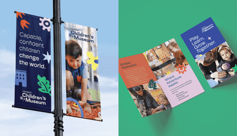 On the left, London Children's Museum banners. On the right, London Children's Museum brochure.