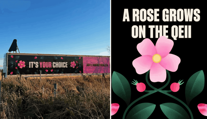 On the left, AB for Abortion OOH billboard. On the right, AB for Abortion poster