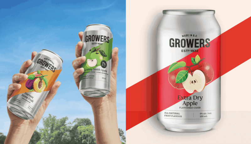 On the left, two hands holding up cans of Growers cider. On the right, a close up of the can.