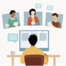 Illustration of person sitting at a computer viewed from behind with images three others in front of the computer.