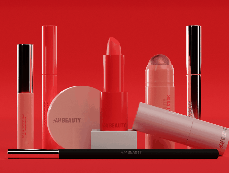 Multiple products in the H&M Beauty Packaging System designed by Concrete