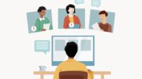 Illustration of person sitting at a computer viewed from behind with images three others in front of the computer.