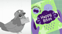 On the left, a still image from Project Pigeon; On the right, a still image from Happy Bites