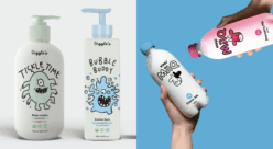 On the left, Giggle's Skincare products. On the right, two hands holding MilQ bottles